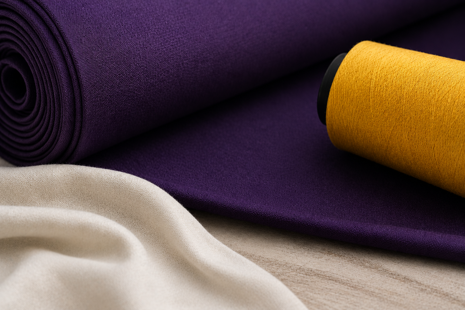Premium textile manufacturing materials featuring purple fabric rolls and industrial yellow thread representing Neyius Group, Neyius Textiles, and Global Incentives Manufacturing textile production operations in Bangladesh