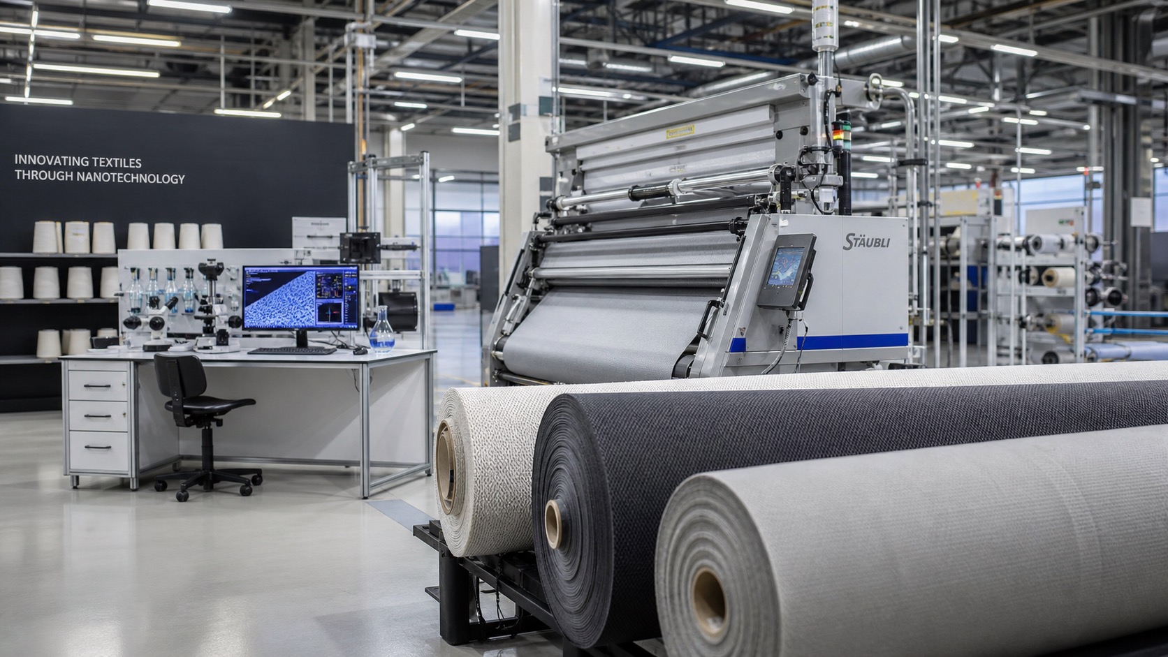 Textile manufacturing equipment processing fabric rolls at Neyius Textiles factory